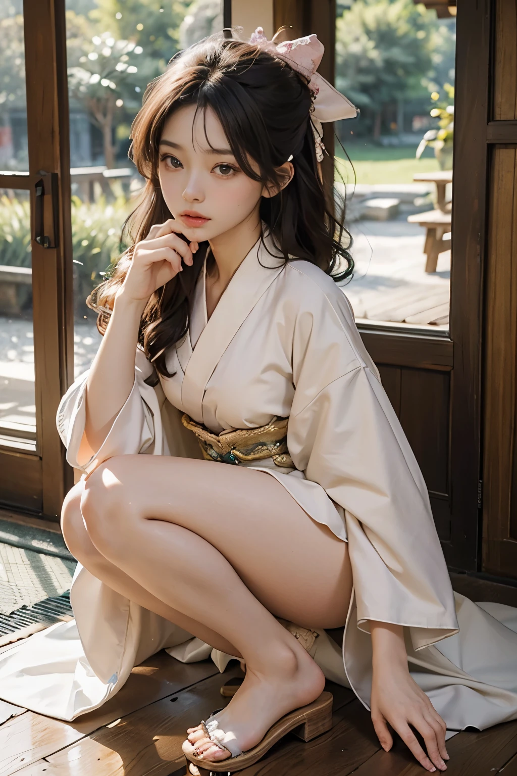 Master quality, highest quality, best picture quality, exaggerated details, a cute asian little giry expression, slightly squinted eyes, adjusting her hair, long eyelashes (long hair / very, very exaggerated big breasts, big titsicoat dress t), posing sit in front of the camera, wet breast hanfu open v chest clothes, fullxianxia, gold detail art.
