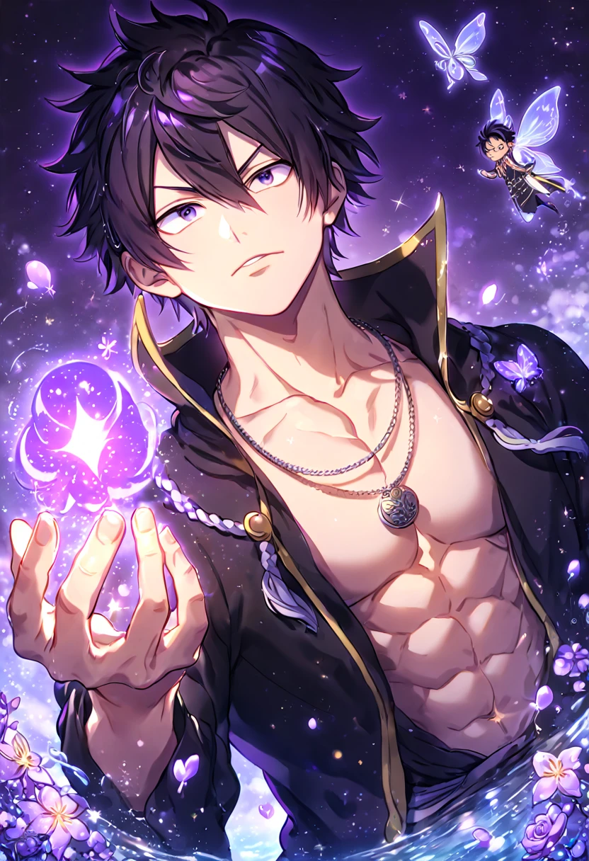 absurdres, highres, ultra detailed, HDR, master piece, best quality, Zeref Dragneel, black hair, expressive gray eyes, Fairy Tail, solo, sexy man, handsome, sensual, manly man, black robes with high collar, golden trimmings, pendant, fantasy, magical, shining, purple flowers, blossoms, water, purple petals, purple butterflies, sparkling, purple moon, starry sky
