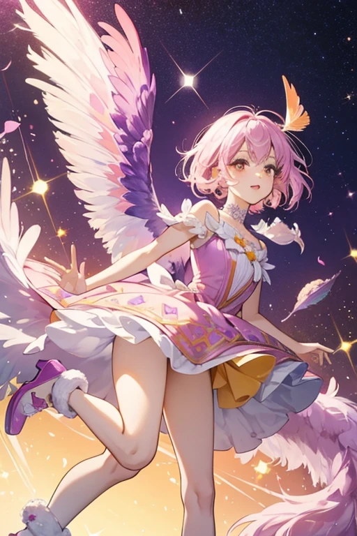 Omelette is a purple girl ostrich with a feather pattern, long pink legs, wings with purple and fluffy white feathers, an orange beak, and pink cheeks. SPARKLE; GLITTER.