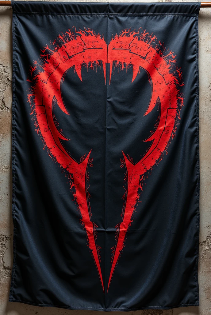 Create a flag for a mercenary group of dungeons and dragons whit the words dark fang and one great fang in middle