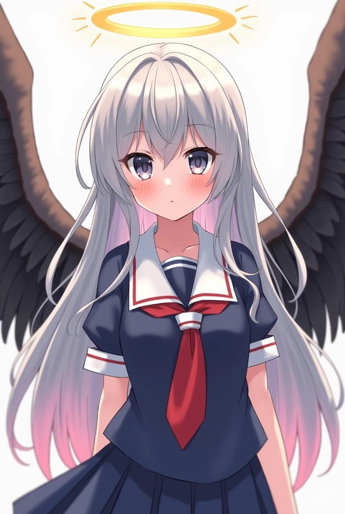 a beautiful girl with silver long hair, gray eyes. pink hair gradations, wearing a Japanese school seifuku uniform, wearing black gold wings. and a angel halo overhead. Cool expression.