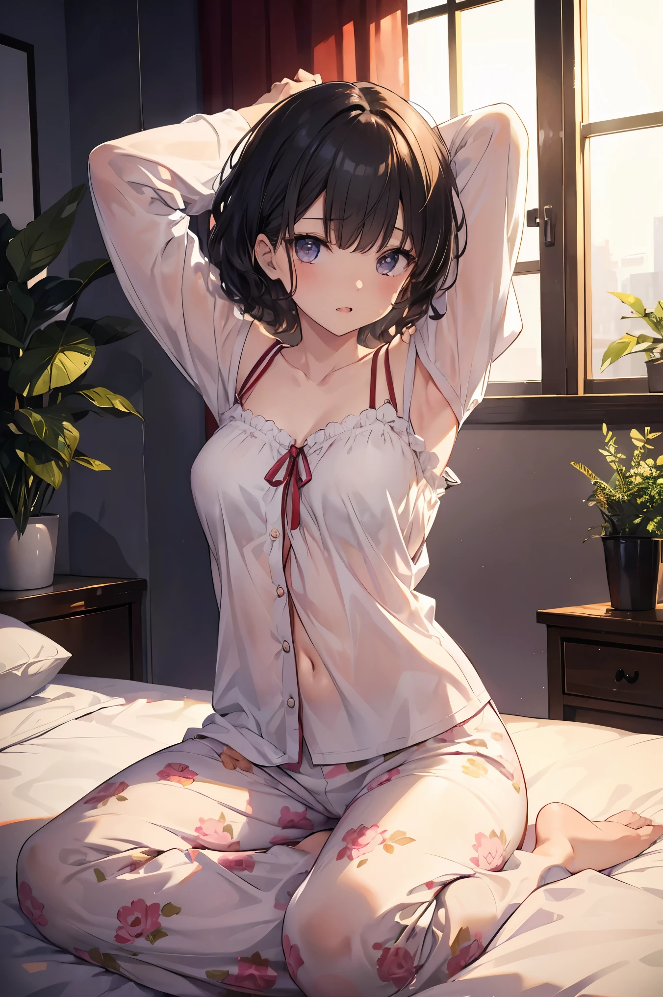 (mastepiece:1.2), detailed fingers, beautiful woman, sitting on bed, wearing loose off-shoulder top, pajama pants, short curly hair, indoors, soft lighting, plants in background, window with sunlight, cozy room, relaxed pose, intricate details, warm colors, Japanese high school girl, Stretch her arms up, yawn loudly