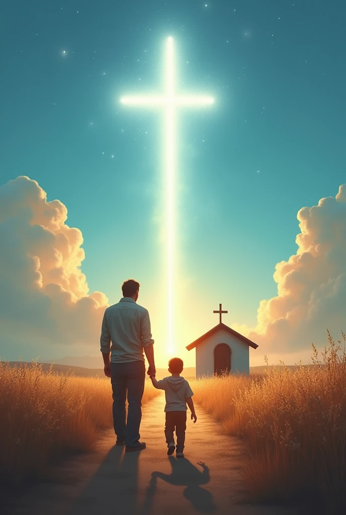 Father's Day image facing the church, scene where a father and his son are holding hands, walking towards a Christian church/evangelical in the form of a shed without a Cross
. in the blue sky, a bright cross or a cross-shaped beam of light could appear, highlighting the faith that unites the family and the importance of the father as a spiritual guide.