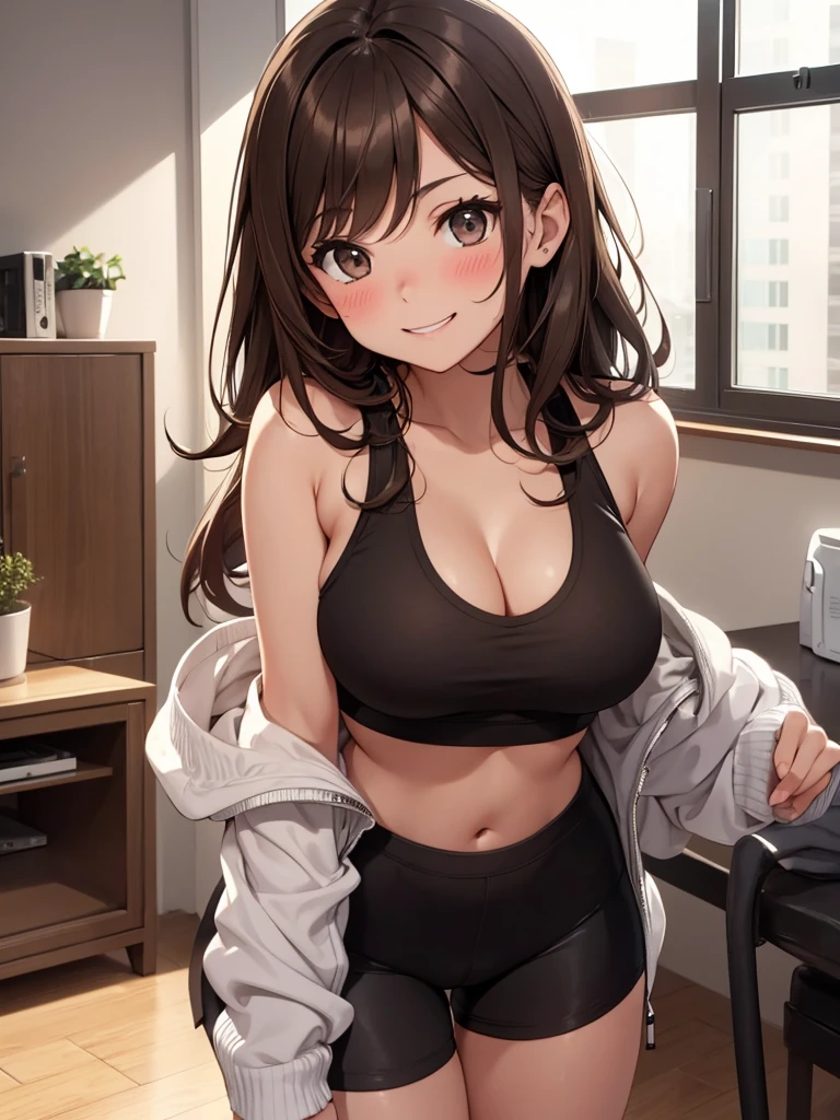 Make a messy brown haired girl wearing a sporty cleavage and tight black shorts with a smile and blush in an apartment
