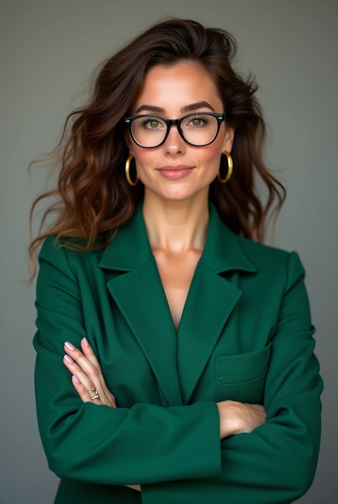 A woman in a green coat with her arms crossed, hair lightly (kac) wavy and long and brown eyes, and showing that he is an expert in eye health. Wearing thick gold earrings. wearing prescription glasses. That weighs more or less 80kg