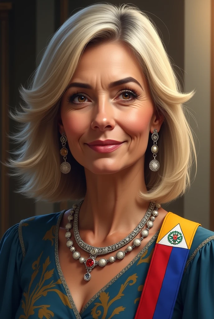 Image of a 60-year-old blonde mayor with waist-length hair, with medium texture, Brown eyes, medium ears, Wide nose, arched and marked eyebrows, fine lips, with a mayor&#39;s band with the flag of the Cabimas municipality, Zulia state