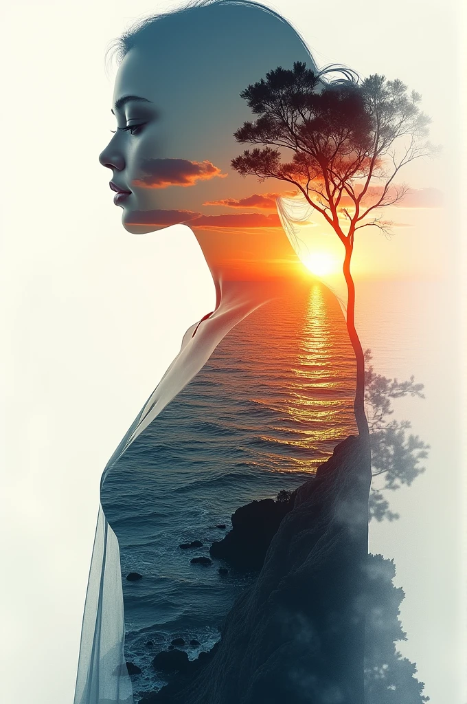 high qualiy, 8k Ultra HD, Uma linda Double exposure que combina uma silhueta de deusa com costa ao pôr do sol, the coast at sunset should serve as a backdrop, with its details incorporated into the goddess, Sharp lines, The background is monochromatic, sharp focus, Double exposure, By Yukisakura, stunning full colors.