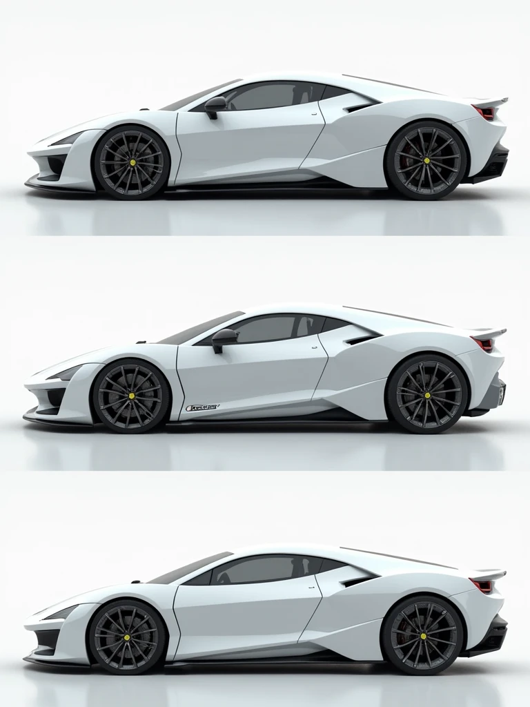 Draw a fusion of White Ferrari F-40 and White Pontiac Solstice in 3 frames:
- Front view
- Side view
- Rear view
Infinite white background