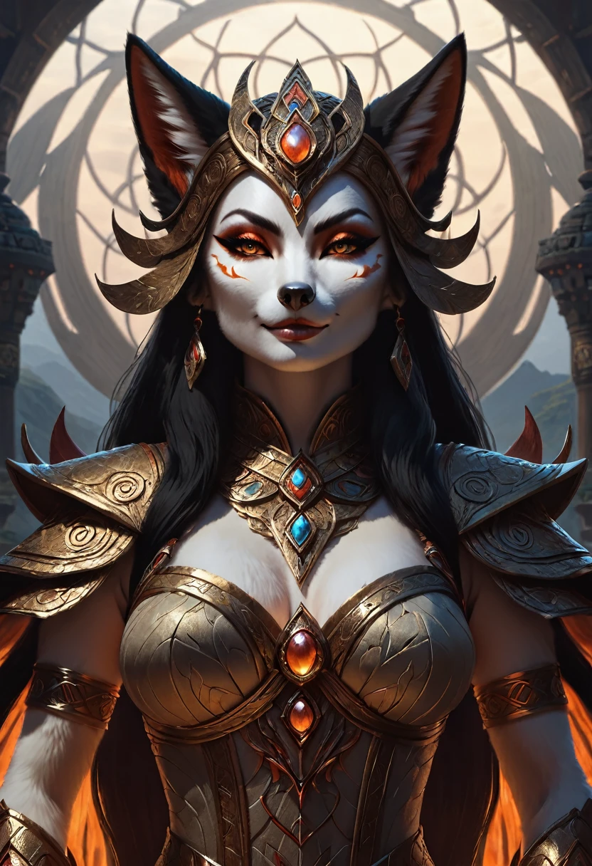 Anthropomorphic feminine kitsune enchantress. Official Art – An Award-Winning Digital Masterpiece In 4K Ultra HD, Extreme Detail And Intricate Realism. Symmetrical Face. This Concept Art Brought To Life By The Hands Of Artists Like Wlop & Artgerm In A Stunning 2D Vector Illustration. Background Is A Panoramic Vista.
