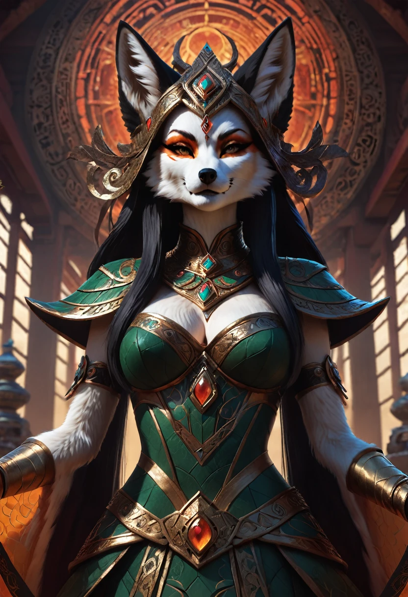 Anthropomorphic feminine kitsune enchantress. Official Art – An Award-Winning Digital Masterpiece In 4K Ultra HD, Extreme Detail And Intricate Realism. Symmetrical Face. This Concept Art Brought To Life By The Hands Of Artists Like Wlop & Artgerm In A Stunning 2D Vector Illustration. Background Is A Panoramic Vista.
