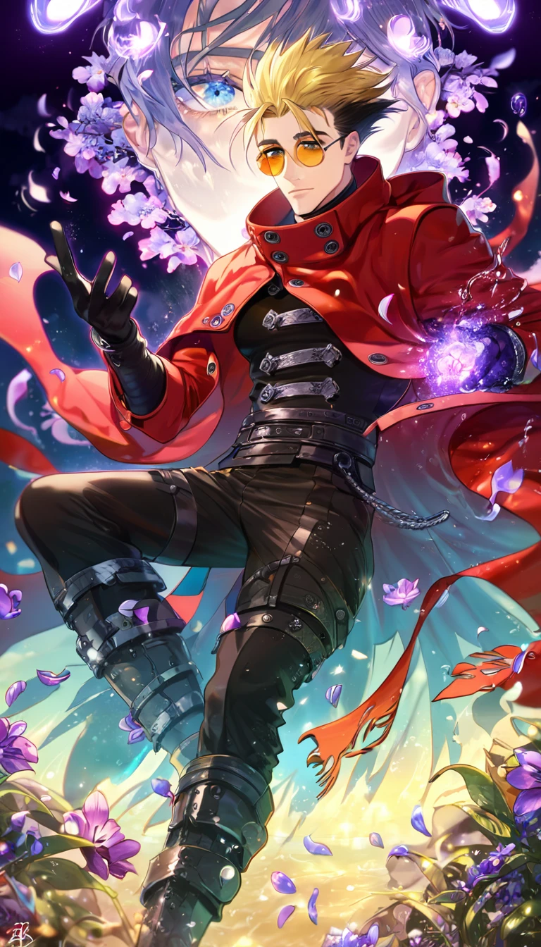 Ultra detailed, HDR, Highres, absurdres, master piece, Vash Stampede, spiked blonde hair, expressive blue eyes, amber sunglasses, red trench coat, black gloves, Trigun, sexy man, handsome, purple flowers, petals, fantasy, magical, purple leaves, handsome, best quality, glittering, manly man, sensual, horny, solo, water, purple shining fireflies,