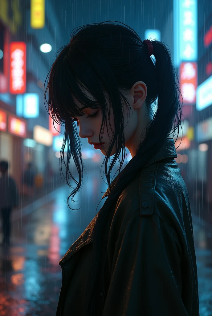 a beautiful girl in a rainy cyberpunk city street at night, looking down, with a soft, glowing light, extremely detailed, photorealistic, masterpiece, (best quality,4k,8k,highres,masterpiece:1.2),(realistic,photorealistic,photo-realistic:1.37),tokyo street at night, rain, wet, cityscape, cyberpunk city, soft lighting,1 girl, very beautiful face,bust,hands down,random hairstyle,random hair color,random expression,pigtails