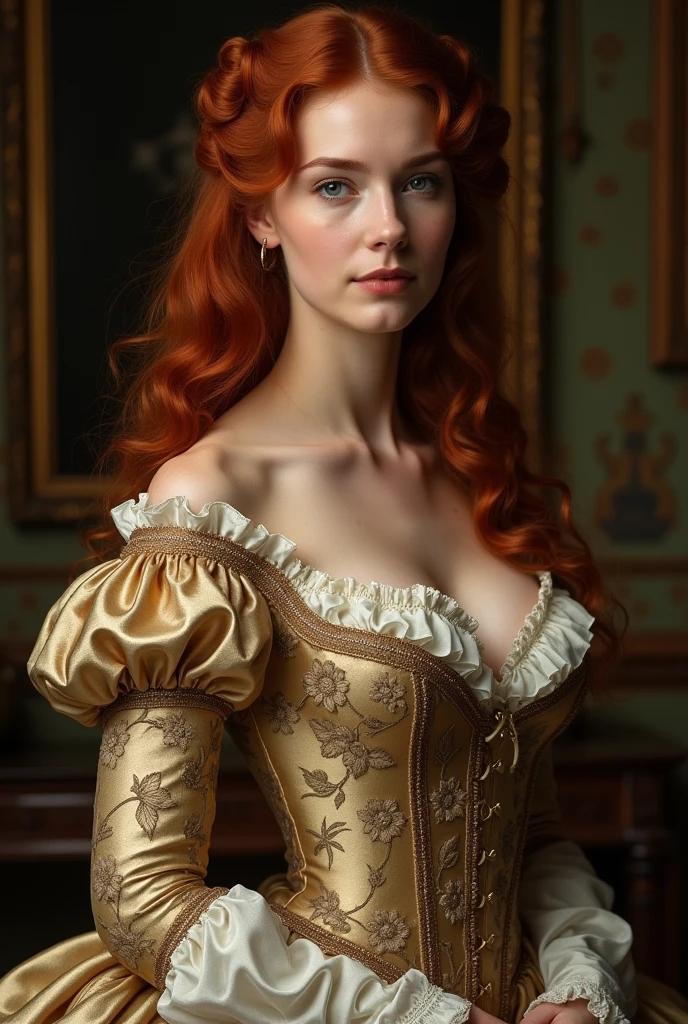 period novel(19th-century)
woman with long loose dark red hair, voluptuous, elegant vintage dress.
bountiful breasts