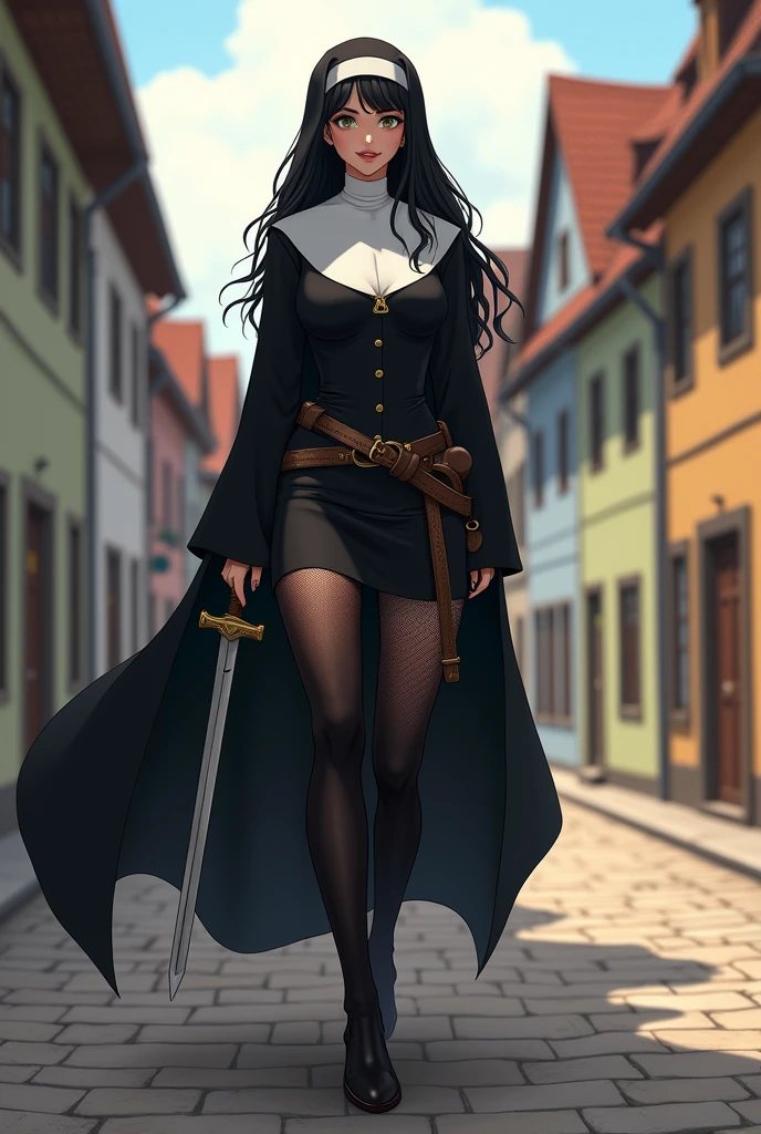 Young woman,​Twenty-five years old, Beautiful face, long black hair, Wearing a tight nun costume, Closed body only, Revealing the arms, Reveal long legs, Wear black fishnet stockings., Big chest, Thin waist, Big butt, There is a sword at the waist., Walking in a central European village, Anime drawing style 2.5D