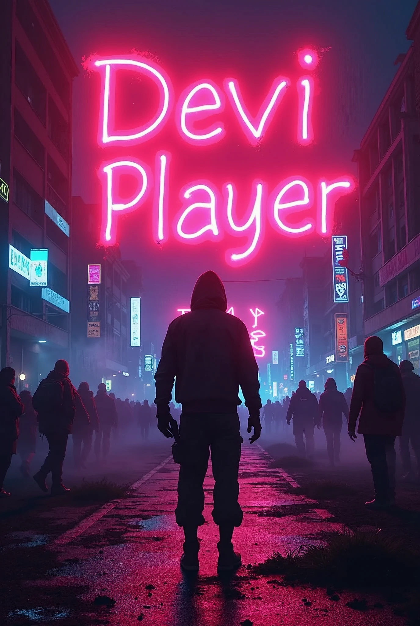 The image needs to be written "DeviUniPlayer" in the form of neon and a war against zombies