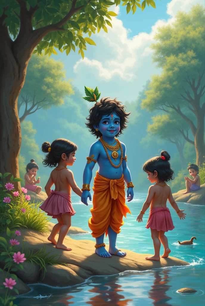 Little krishna on the bank of river with their friends
