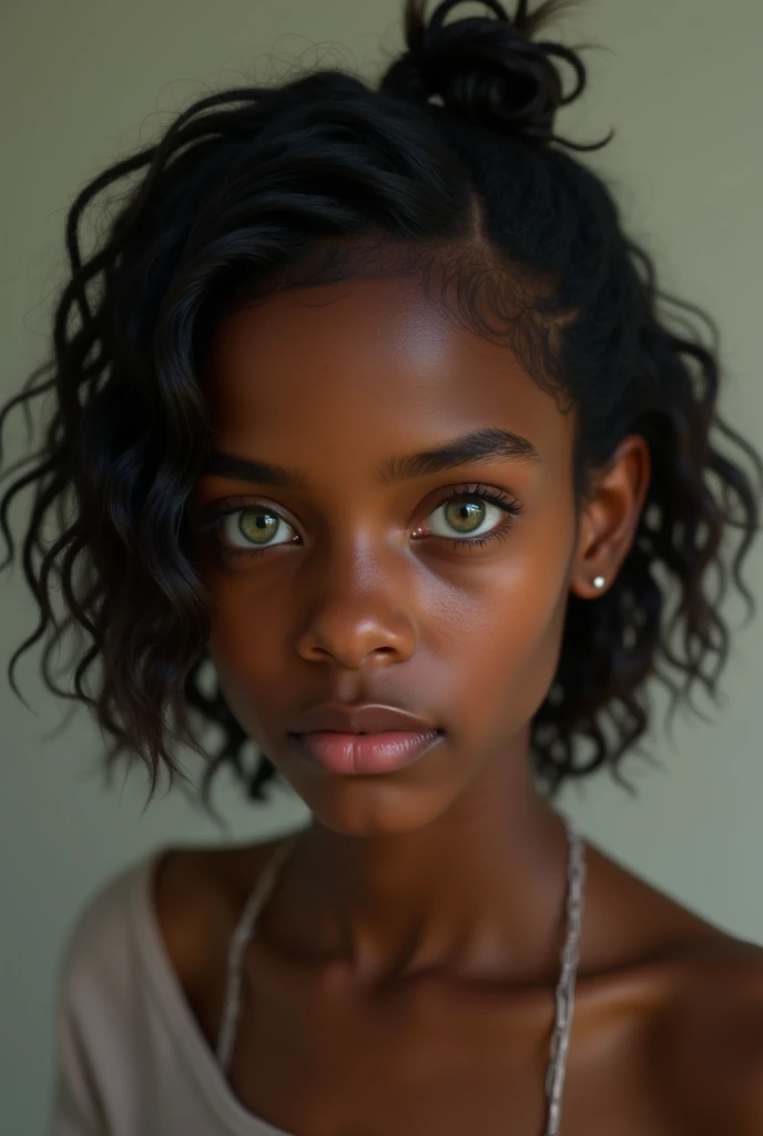 A 15-year-old black teenager，Has green eyes，Hair on the ruler 