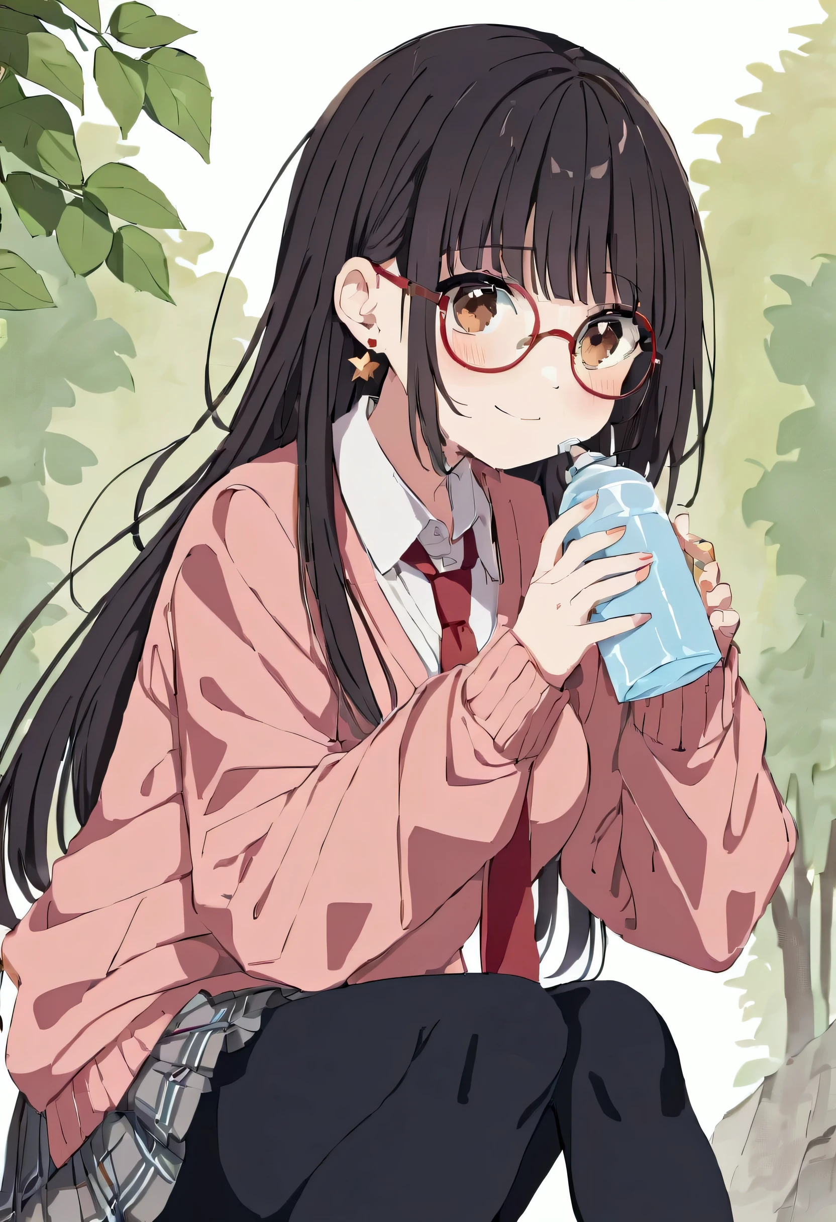 ((best quality, high resolution)), (delicate illustration), (pastelcolor style illustration:0.4), (watercolor style illustration:0.4), ((beautiful:1.3)), (tegaki),4k,Perfect Anatomy,
BREAK
1girl, brown eyes are shining and cute,black hair,long hair,(red-rimless eyewear:1.2),star earrings,fabrous feminie softy breast,smile,blushful,
BREAK
(collared white shirt, pink cardigan, checked pleated skirt, red necktie), sleeves past wrists, white sneakers,(black tights:1.4),
BREAK
A girl sweating badly on a village road is drinking water from a canteen.