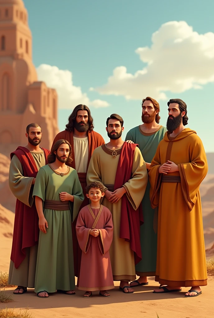 A family photo of seven men dressed in Pixar style biblical clothing