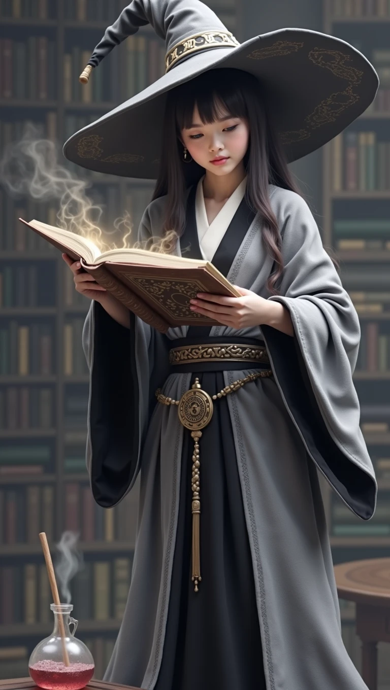 A young Asian witch wearing a gray and black witch outfit with a kimono and a pointy witch hat, She is holding a magic book and is in a room full of books and potions.. hyper realist.