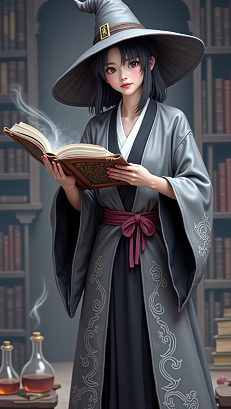 A young Asian witch wearing a gray and black witch outfit with a kimono and a pointy witch hat, She is holding a magic book and is in a room full of books and potions.. hyper realist.