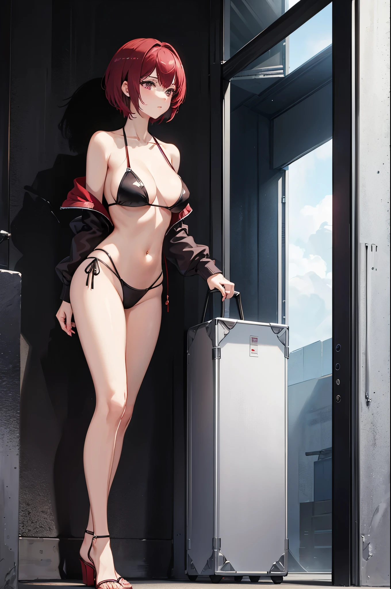 1woman, short maroon hair, silver eyes, tall, bikini, standing on ground, high res, ultra sharp, 8K, masterpiece