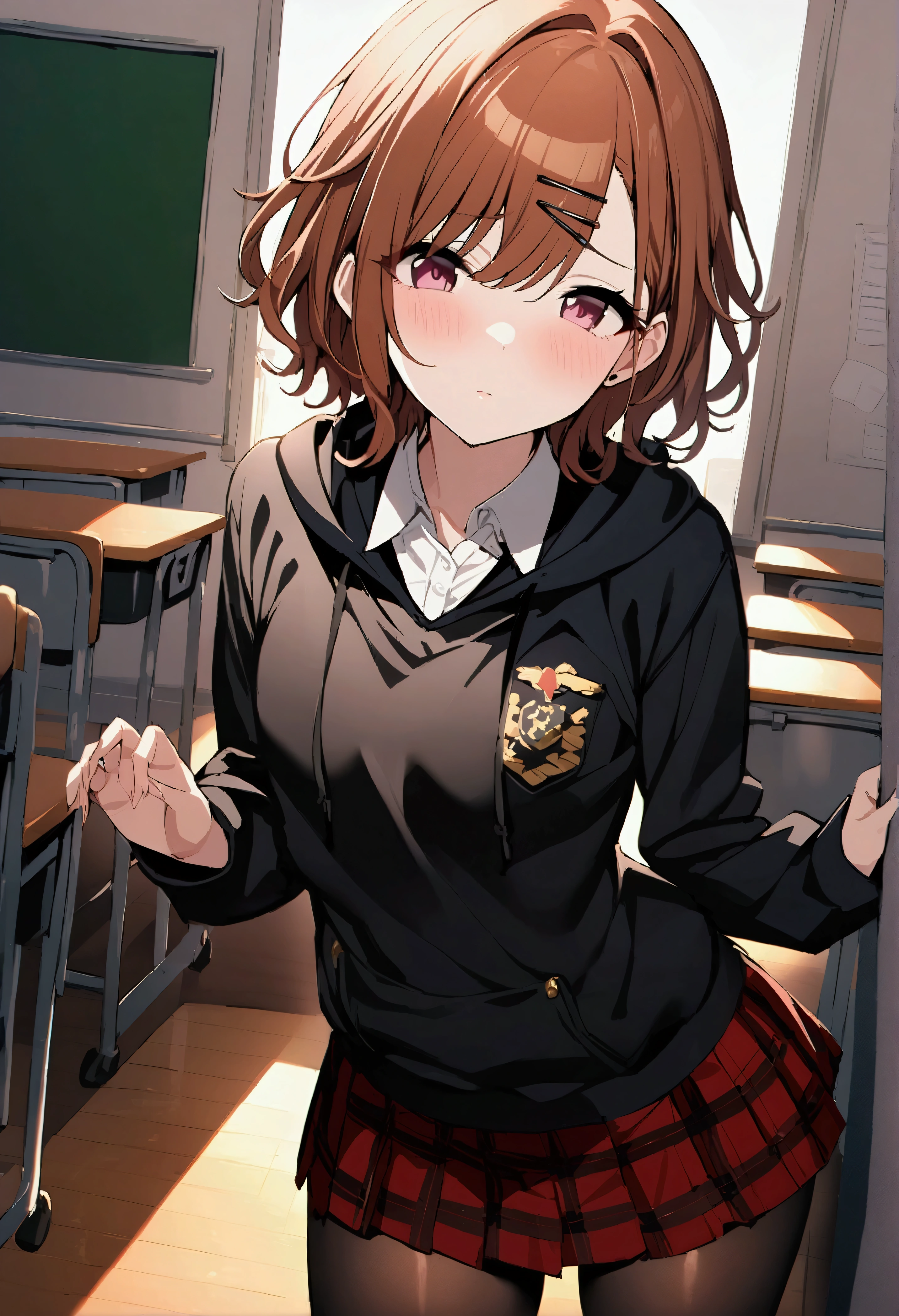 NSFW,masterpiece,Highest quality,High resolution,Very detailed,(A pair of men and women),Madoka Higuchi\(The Idolmaster Shiny Colors\),short hair、Brown Hair、Purple Eyes、hairpin,(uniform),Black hoodie、Collared shirt、Checkered Skirt,(pantyhose),School,classroom,blackboard,machine