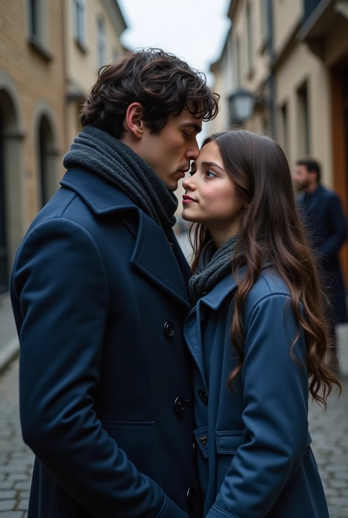 Scherlock Holmes without a beard from the Scherlock bbc series kissing the cheek of a Brazilian girl with long wavy brown hair and brown eyes with white skin in a blue overcoat and blue scarf in front of Miss Adler also from the Scherlock bbc series