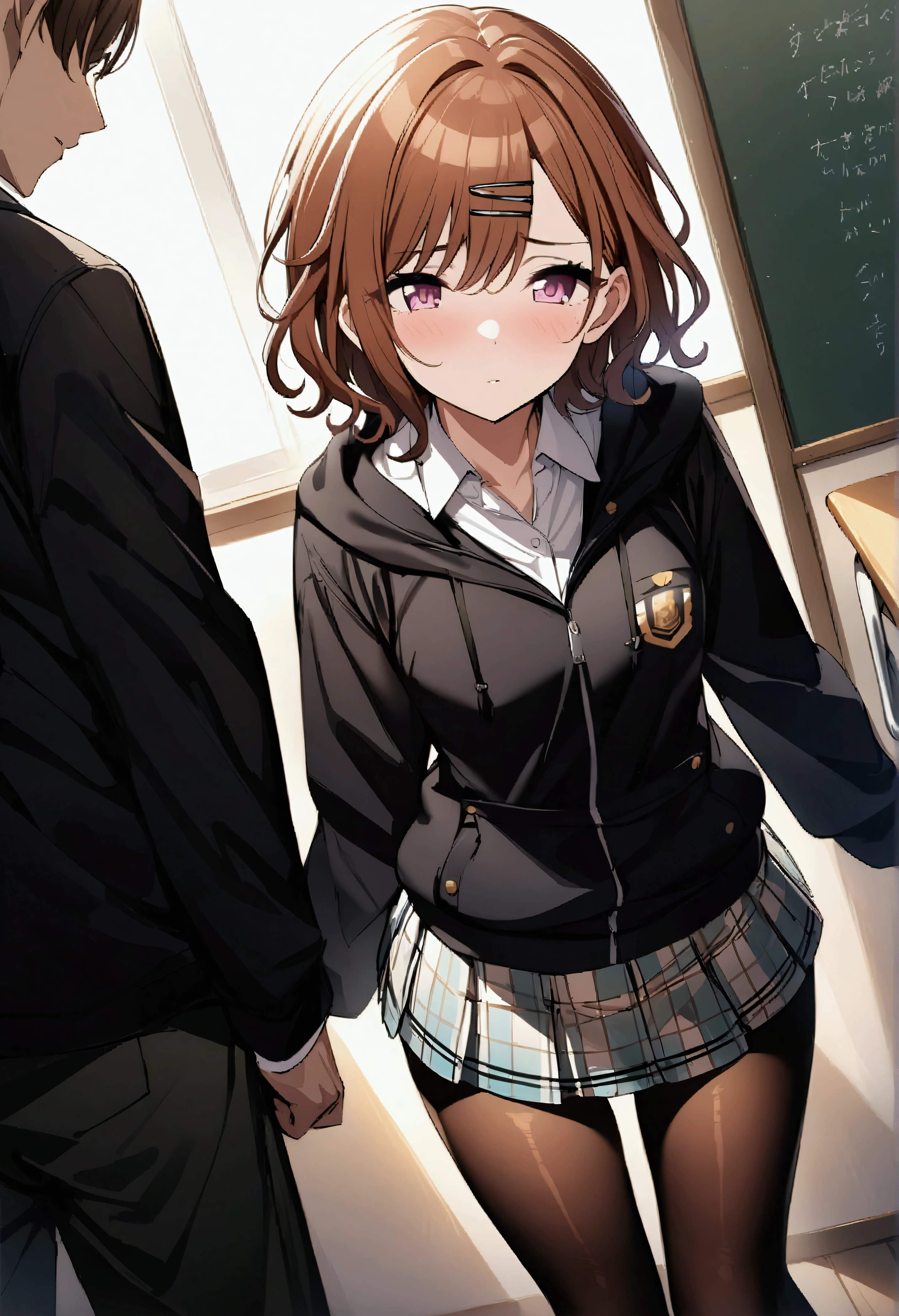 NSFW,masterpiece,Highest quality,High resolution,Very detailed,(A pair of men and women),Madoka Higuchi\(The Idolmaster Shiny Colors\),short hair、Brown Hair、Purple Eyes、hairpin,(uniform),Black hoodie、Collared shirt、Checkered Skirt,(pantyhose),School,classroom,blackboard,machine