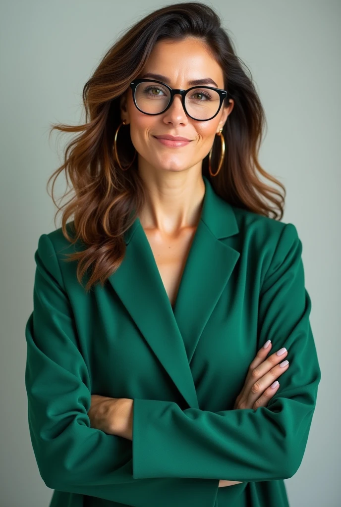 A woman in a green coat with her arms crossed, hair lightly (kac) wavy and long and brown eyes, and showing that he is an expert in eye health. Wearing small, thick gold earrings. wearing prescription glasses. That weighs more or less 90kg