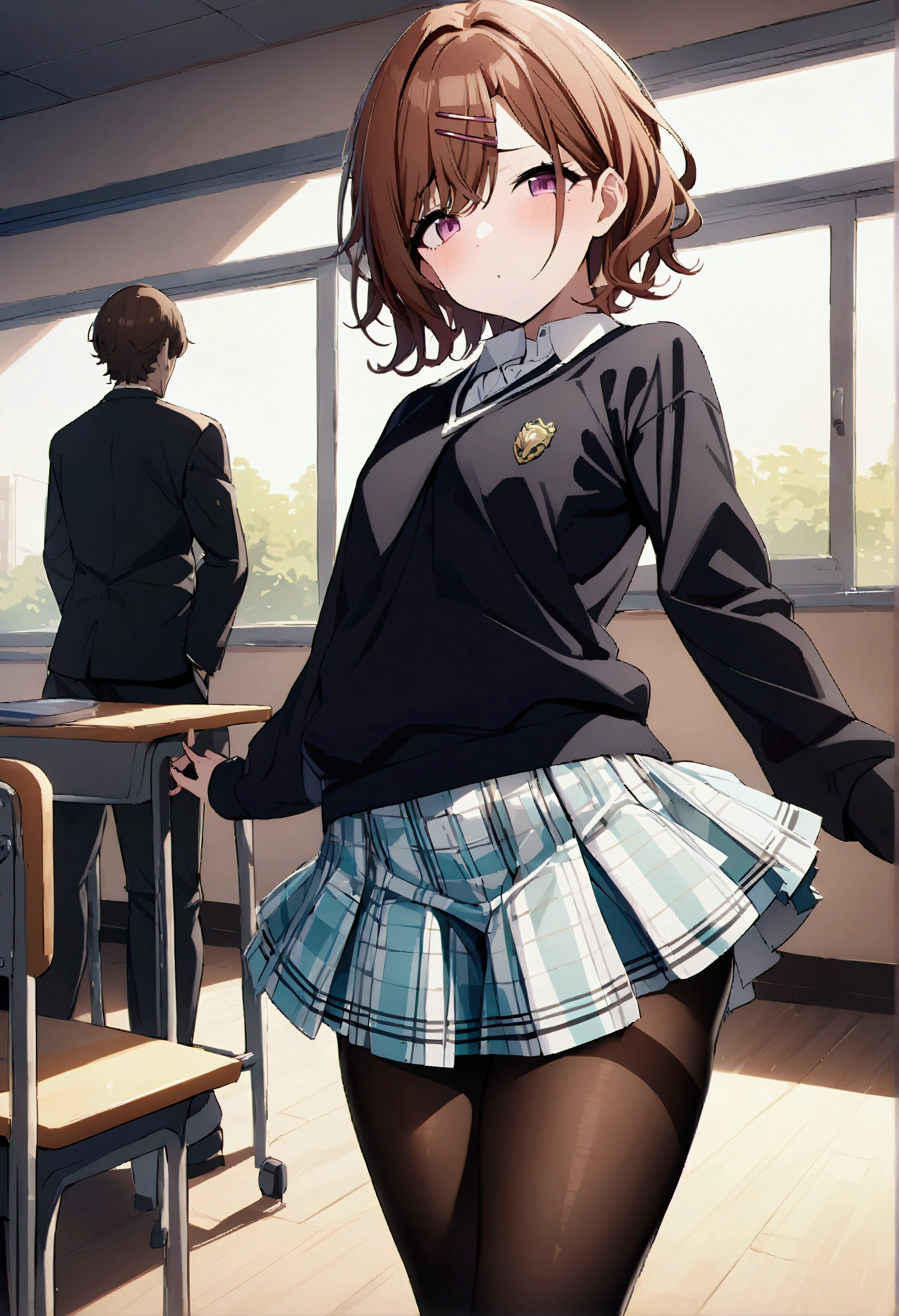 NSFW,masterpiece,Highest quality,High resolution,Very detailed,(A pair of men and women),Madoka Higuchi\(The Idolmaster Shiny Colors\),short hair、Brown Hair、Purple Eyes、hairpin,(uniform),Black hoodie、Collared shirt、Checkered Skirt,(pantyhose),School,classroom,blackboard,machine