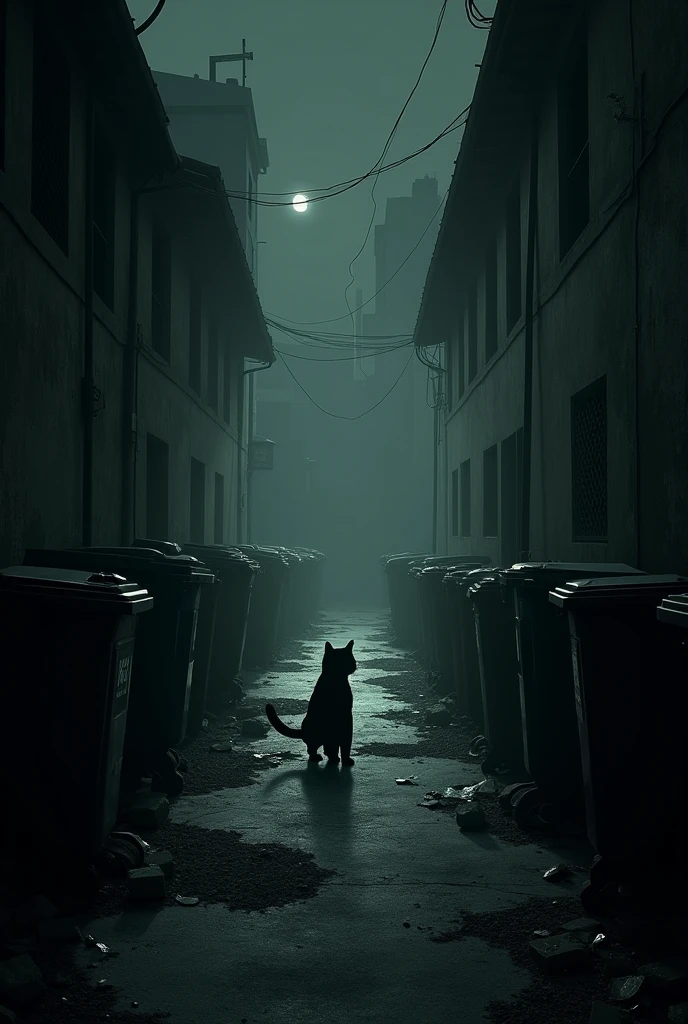 Picture 1:
Scene: Dimly lit city alley.
Description: Trash cans and scattered debris. The cat's shadow is seen in the distance