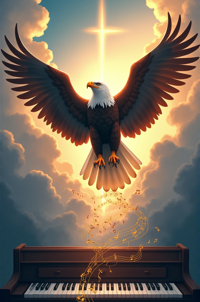 Create a poster of a flying eagle letter above Ministry of Eagles of God below a keyboard coming out musical notes