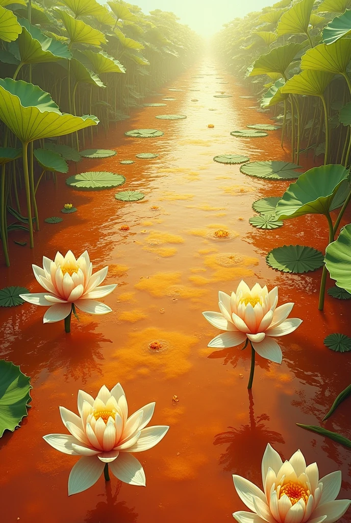 an effervescent reddish yellow river with waves, seamed by endless fields of giant waterlillies with very long necks