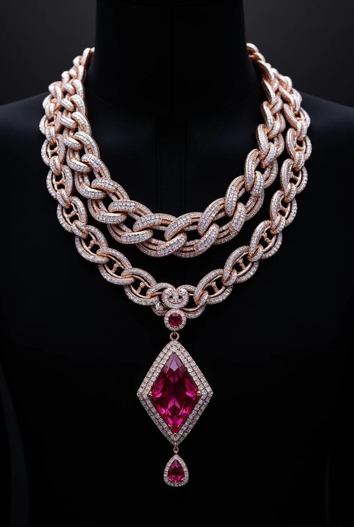 Diamond thick necklace within another neclace for men with red ruby symbolising a diamond shape

