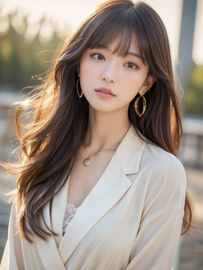 ((Highest quality, 8k, masterpiece:1.3)), concentrate: 1.2, Perfect body beauty: 1.4, Hips: 1.2, ((Long Hair, chest: 1.2)), (Dry clothes: 1.1) , (clear, Simple Background:1.3), Simple clothes: 1.1, Highly detailed face and skin texture,Delicate eyes, double eyelid, Whitened skin, Rough skin、Long Hair、bangs、Simple earrings、necklace、 solo、Beige coat、White shirt, (((Beautiful girl with cute Japan)))、 ((Beautiful Japanese girl 20 years old))、 ((Baby Face))、 (((Slender body)))、 Upper Body,Face focus、necklace,Simple Background,From above, Realistic Hair、 A photograph was taken:Canon EOS R6、135mm、1/1250 seconds、f2.8、ISO400、(Detailed explanation of the hand)、(Masseter muscle area)、(Exquisite CG)、Long Hair, loose and curly hair、Korean Hair、Long Hair明るいベージュ色、グラデーションハイライトグレージュのゆるふわLong Hairスタイル、