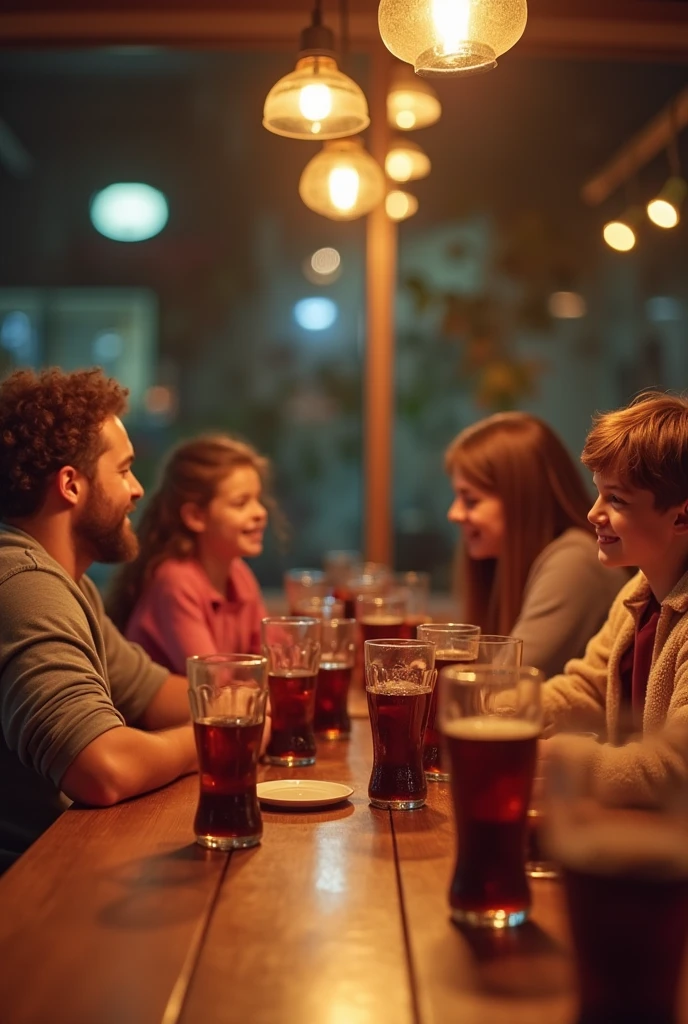 A large family sitting at the table drinking glasses of Coca Cola soda


