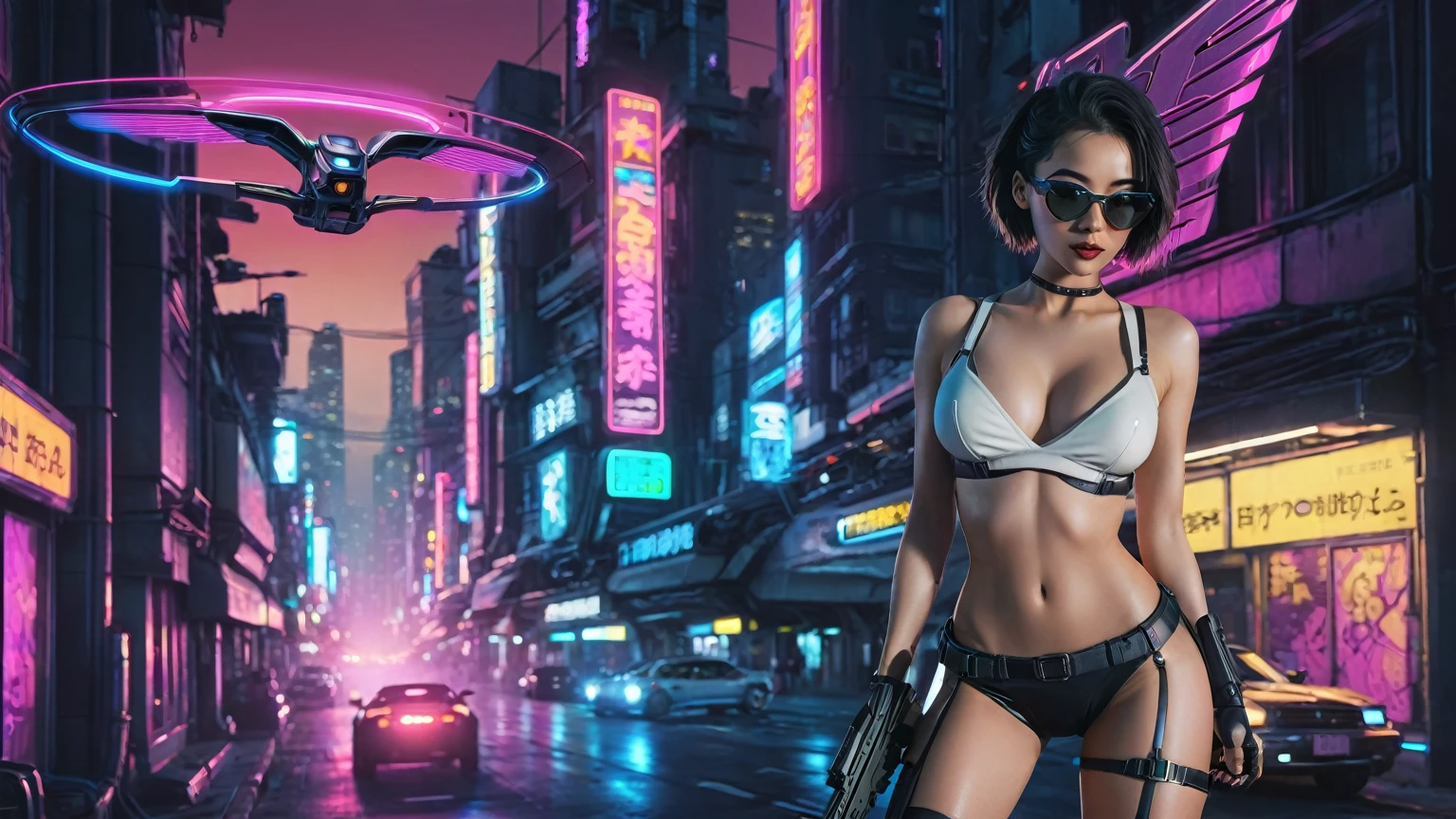 comic style cyberpunk city, line art background, flying cars, at night. (1girl, solo), photo realistic, medium-breast:1.3 slim body, cleavage, sling top, miniskirt, black sunglasses, holding a short gun, half-body thigh level medium shot, cinematic lighting, ray tracing.