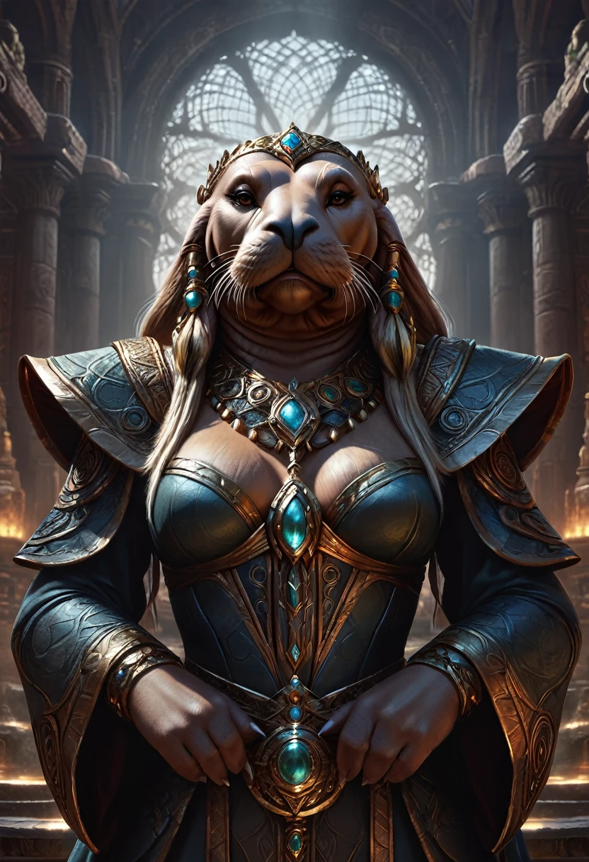 Anthropomorphic feminine walrus enchantress. Official Art – An Award-Winning Digital Masterpiece In 4K Ultra HD, Extreme Detail And Intricate Realism. Symmetrical Face. This Concept Art Brought To Life By The Hands Of Artists Like Wlop & Artgerm In A Stunning 2D Vector Illustration. Background Is A Panoramic Vista.