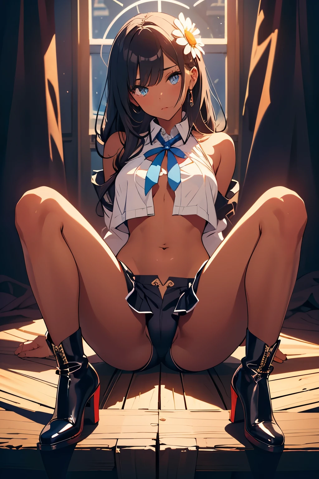 sleep、(Bow-legged)、Navel exposed、Woman making a peace sign with both hands、Sunburned skin、High heels、Atelier Ryza,Atelier Ryza、Dark Skin,Thigh-high boots、Tight shirt、Navel exposed、Focus on the thighs,Daisy Dukes、Troubled expression、Dark Skin,Close-up of female cosplay photo, Thick thighs、expensive, (Maximum resolution: 1.2), (Beautiful Eyes and skin), 8k resolution, Sharp focus: 1.2, Perfect Style, Beautiful Face、Beautiful Eyes, (Glossy Lips: 1.4), One person'Perspective, (Adult female), Big and ample breasts,Sexy pose, (panties), (bra), (In underwear), (Flashy underwear), (lingerie),