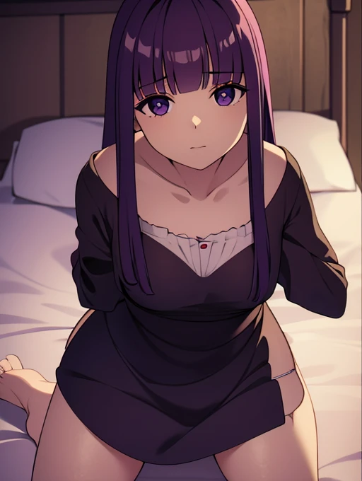Kneeling on the bedroom floor, taking the dress, showing her panties