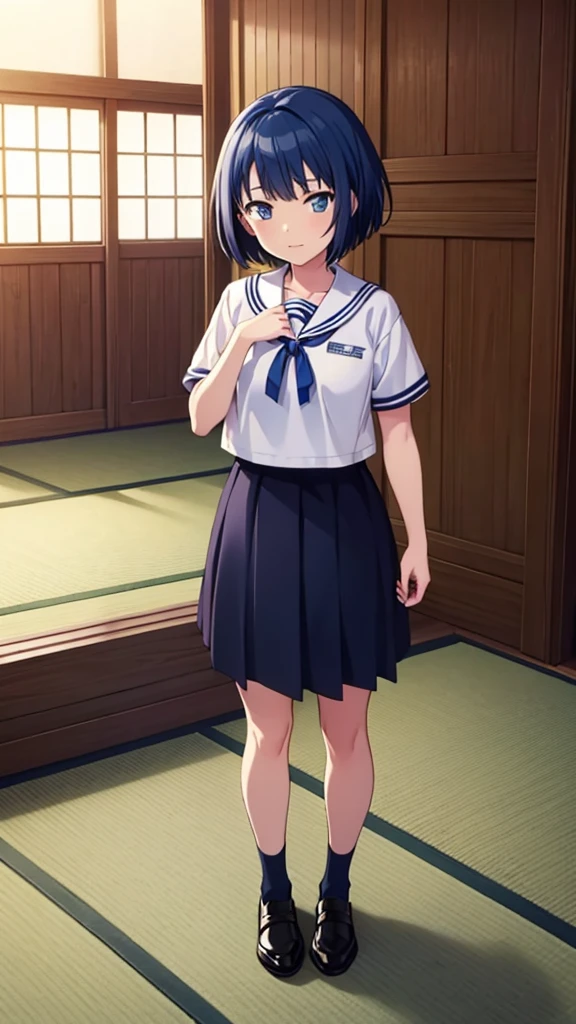 ((masterpiece, Highest quality, Very detailed, Very nice 8K CG wallpaper)), , A little thick, Medium Hair, Blue Hair, short hair, blue eyes,judo player、saylor styled uniform、Large bust、Sailor suit、mini skirt、judo、Cute expression、Inside the judo Gymnasium、、On the tatami、discovery、One Girl、Full body standing、rest、Haruka Kiritani、Bust Size C Cup、love affair、date、Confession、幼い頃judo家によって育てられた