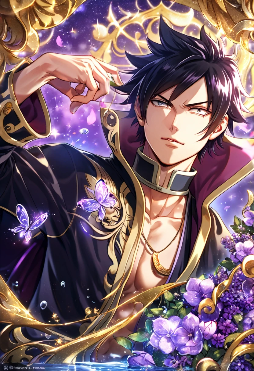 absurdres, highres, ultra detailed, HDR, master piece, best quality, Zeref Dragneel, black hair, expressive gray eyes, Fairy Tail, solo, sexy man, handsome, sensual, black robes with high collar, golden trimmings, pendant, fantasy, magical, shining, purple flowers, blossoms, water, purple petals, purple butterflies, sparkling, purple moon, starry sky