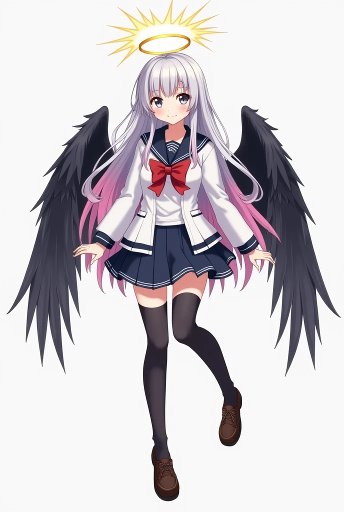 a beautiful girl with silver long hair, gray eyes. pink hair gradations, wearing a Japanese school seifuku uniform, wearing black wings. and an angel halo overhead. Cool expression. Full body, school shoes and black stocking