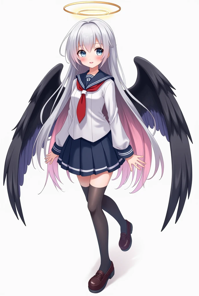 a beautiful girl with silver long hair, gray eyes. pink hair gradations, wearing a Japanese school seifuku uniform, wearing black wings. and an angel halo overhead. Cool expression. Full body, school shoes and black stocking
