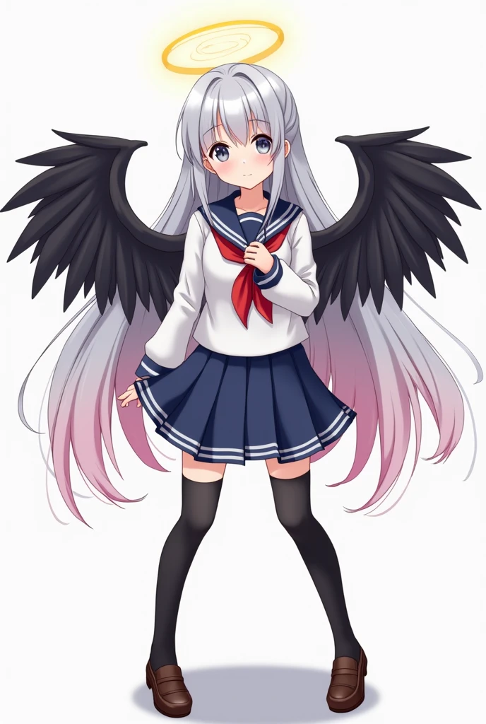 a beautiful girl with silver long hair, gray eyes. pink hair gradations, wearing a Japanese school seifuku uniform, wearing black wings. and an angel halo overhead. Cool expression. Full body, school shoes and black stocking