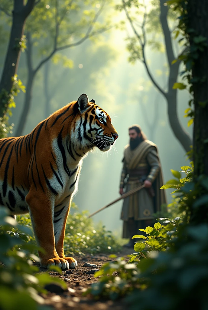Create a 3D ultra HD 8K image depicting a dramatic scene in a dense, lush forest. In the foreground, a majestic tiger with intricate fur details stands poised and alert. In the background, a regal king, dressed in elaborate hunting attire and armed with a bow and arrow, faces the tiger with a look of intense focus. The forest should be rich with vibrant greenery, shafts of sunlight filtering through the canopy, and a sense of tension in the air as the two figures lock eyes in this moment of confrontation