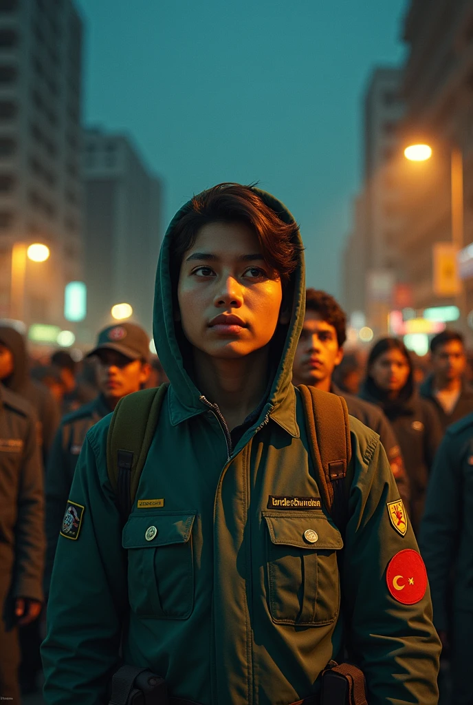 The student Janata movement formed through the anti-discrimination student movement in Bangladesh resulted in the fall of the ruling government. They now stay up all night in organized groups to protect all the people of the country from any evil forces by snatching the victory. Make a beautiful image by modifying everything.