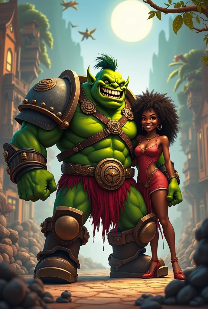 Table Warhammer, Orks, Boyfriend winning , beautiful black girlfriend supporting in the back, caricature,
