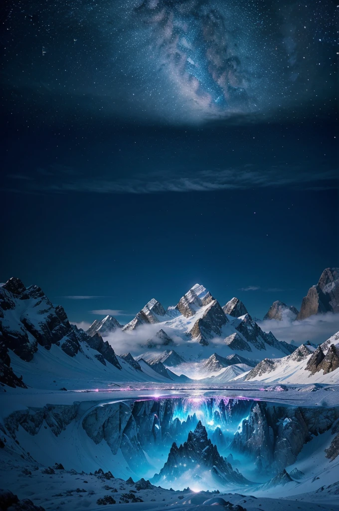 : The terrain is made up of floating mountains that rise majestically towards the sky., its slopes covered in crystals that emit a soft, colorful light. Rivers of liquid light run between these mountains, creating a continuous flow of energy that appears to form complex geometric patterns.
